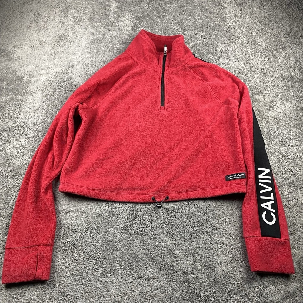 Calvin Klein Performance Fleece 1/4 Zip Cropped Sweatshirt Womens Large Red